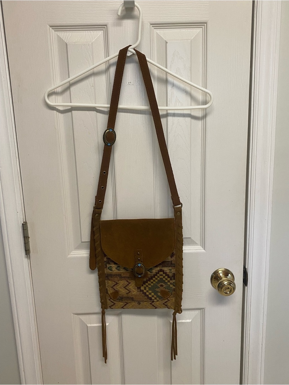 Lucky Brand -Brown Suede Crossbody Bag with Southwestern Pattern